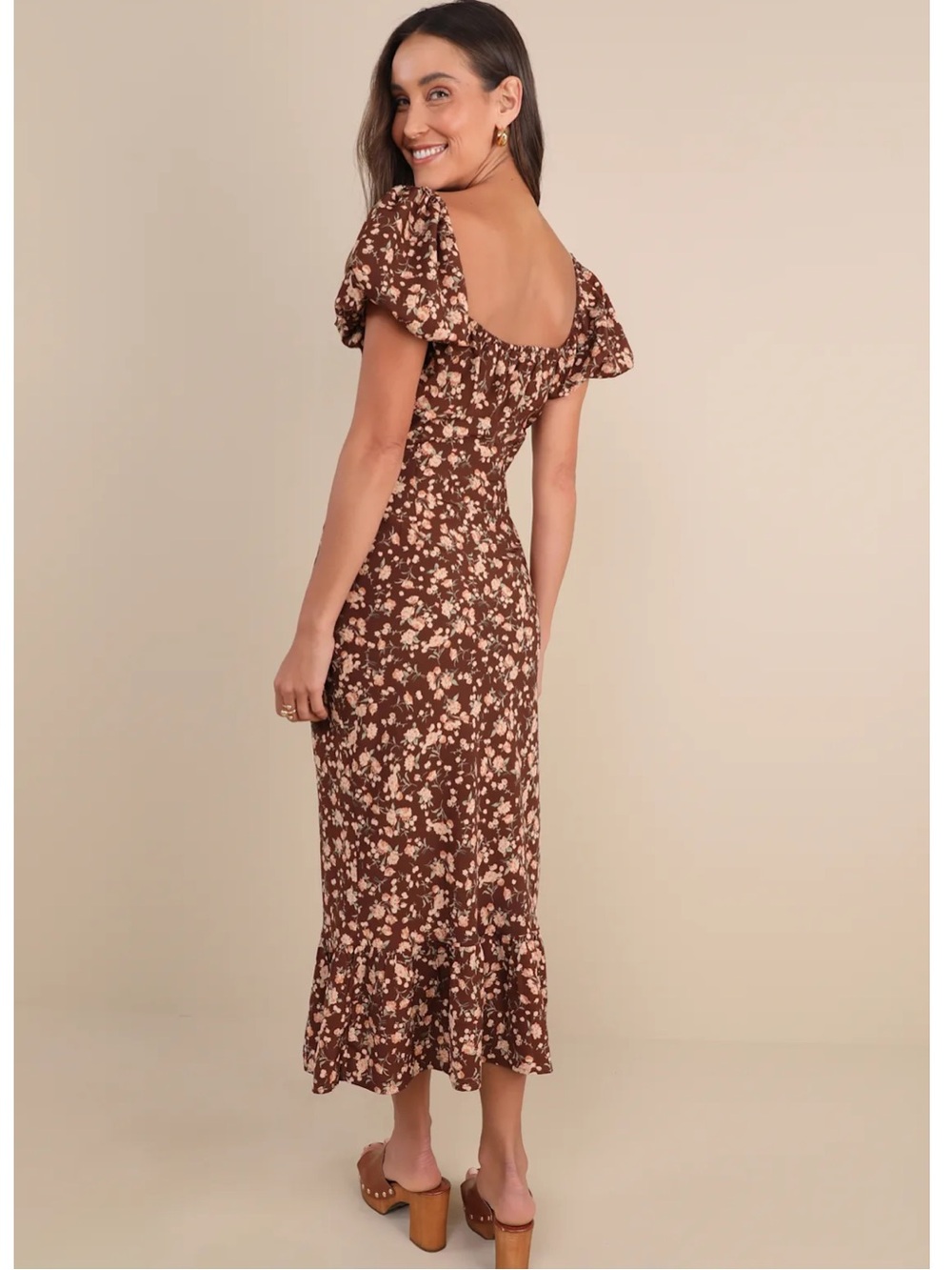 Lulus Remarkably Flourishing Brown Floral Puff-Sleeve Midi Dress Medium Event - Picture 2 of 15